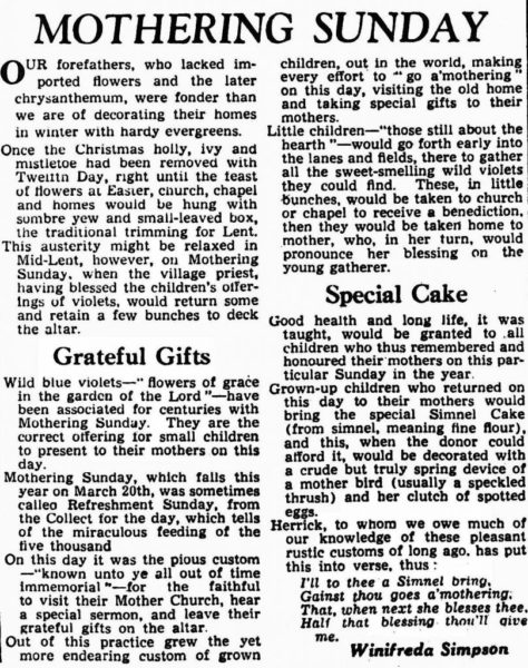 The article about Mothering Sunday - 1955 British newspaper Thetford & Watton Times